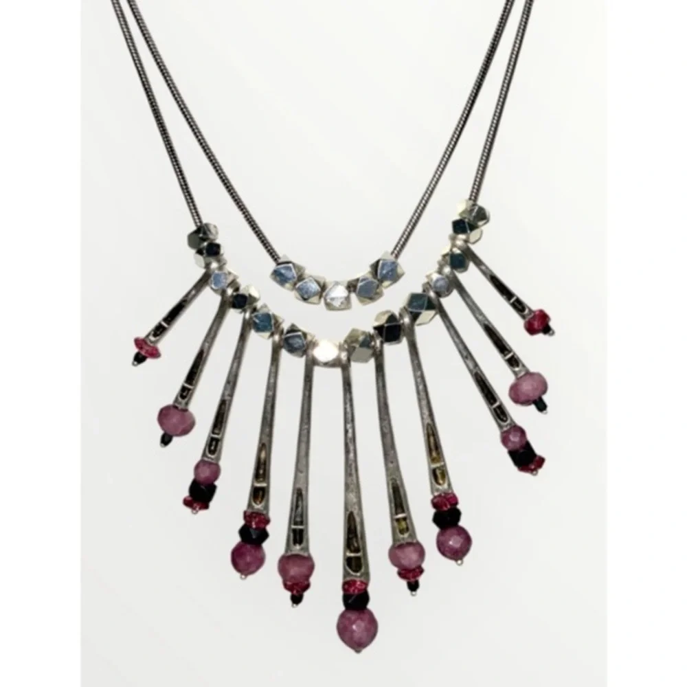 Chico’s Silver Purple Studs Beads Spikes Modern Statement Double Necklace 18-20”